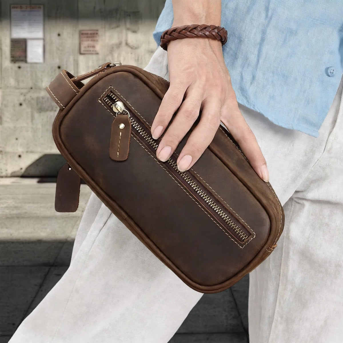 VALERIO men's genuine Crazy Horse leather hand bag - Jouloud