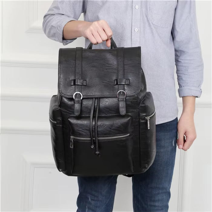 NOIR HERITAGE men's matte black PU leather laptop backpack - Jouloud