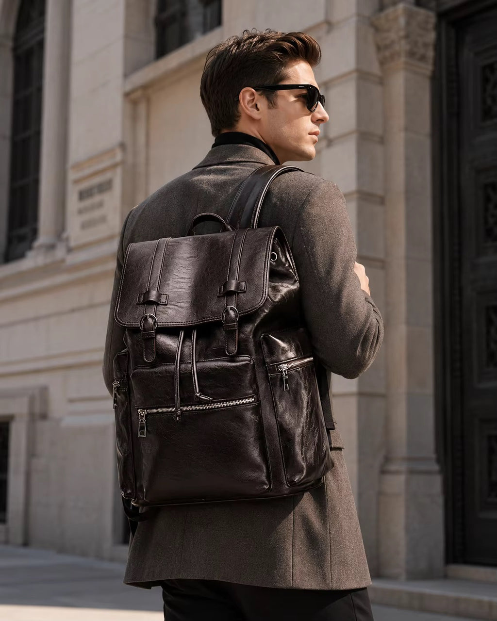 NOIR HERITAGE men's matte black PU leather laptop backpack - Jouloud