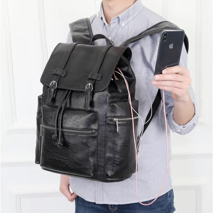 NOIR HERITAGE men's matte black PU leather laptop backpack - Jouloud