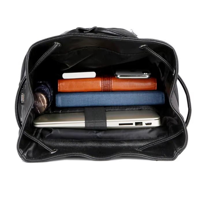 NOIR HERITAGE men's matte black PU leather laptop backpack - Jouloud
